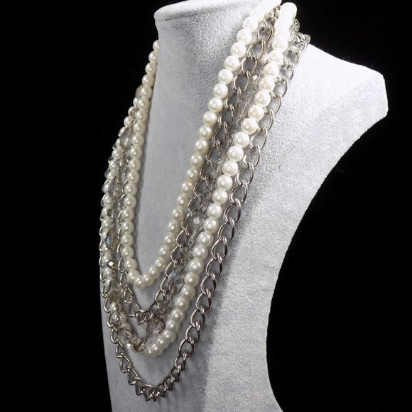 Vintage Premier Designs Faux Pearl Multi Layer Necklace Silver Tone Magnetic - Picture 7 of 10